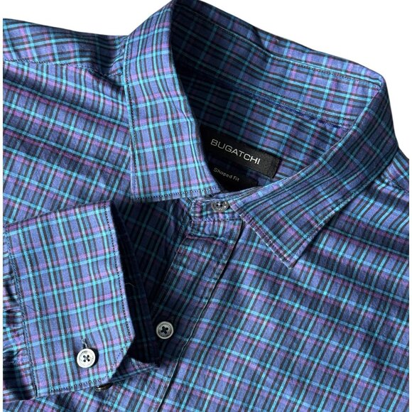 Bugatchi Shaped Fit Button Down Shirt Long Sleeve Blue Plaid Mens Sz Small - Picture 9 of 9